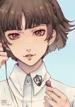  1girl 1o8k bangs brown_eyes brown_hair chair close-up earplugs lips looking_at_viewer niijima_makoto persona persona_5 red_eyes school_uniform shirt short_hair skirt sky smile 