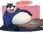  2019 anthro belly clothed clothing english_text food giant_panda hat headgear headwear humanoid_hands male mammal navel obese open_shirt overweight pizza raccoondrew shirt sitting solo text tongue tongue_out topwear ursid 