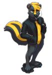  2019 4_toes anthro biped cigarette clothed clothing digital_drawing_(artwork) digital_media_(artwork) featureless_crotch goo_creature hi_res jacket looking_at_viewer male mammal mephitid plantigrade roadkill_(character) simple_background skunk slimedrops smoking solo standing toes topwear white_background 