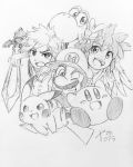  6boys angel_wings animal_ears black_and_white crossover gloves group hair hat highres holding holding_sword holding_weapon human kid_icarus kid_icarus_uprising kirby kirby_(series) koaraymt link male male_focus male_only mario mario_(series) master_sword multiple_boys mustache nintendo open_mouth pikachu pit_(kid_icarus) pointy_ears pokemon pokemon_(creature) pokemon_(game) sketch smile super_mario_bros. super_smash_bros. sword tail teeth the_legend_of_zelda thumbs_up v wings wink yoshi 