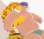  2019 82ma47u anthro belly bulge clothing duo equid equine felid gadoran grope horse hug hugging_from_behind humanoid_hands male male/male mammal moobs overweight overweight_male pantherine pink_nose tiger underwear yellow_eyes 