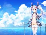  1girl animal_ears azur_lane bikini_top bill1101112 bunny_ears fake_animal_ears fur-trimmed_jacket fur_trim hair_between_eyes hairband headgear highres jacket laffey_(azur_lane) midriff miniskirt navel open_clothes open_jacket pink_jacket red_hairband remodel_(azur_lane) silver_hair skirt sleeveless_jacket solo thighhighs twintails white_bikini_top white_legwear white_skirt zettai_ryouiki 