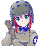  1girl :3 adjusting_clothes adjusting_gloves brown_gloves girls_und_panzer gloves green_eyes helmet helmet-chan_(girls_und_panzer) red_hair rusher saunders_military_uniform solo tank_helmet upper_body 