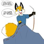  2019 anthro black_nose blue_eyes canid canine clothed clothing dialogue dipstick_tail english_text fox foxenawolf fur male mammal micro multicolored_tail sewing_needle simple_background solo text white_background yellow_fur 