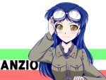  1girl anzio_military_uniform blue_hair blush brown_eyes character_request girls_und_panzer goggles goggles_on_head long_hair removing_goggles rusher smile solo white_background 