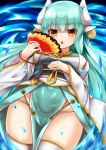  1girl earrings eyebrows_visible_through_hair fan fate/grand_order fate_(series) floating_hair green_hair green_kimono hair_between_eyes highres holding holding_fan horns japanese_clothes jewelry kimono kiyohime_(fate/grand_order) long_hair looking_at_viewer obi open_mouth sash shiron_(e1na1e2lu2ne3ru3) solo thighhighs very_long_hair white_legwear yellow_eyes 