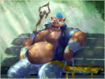  1393_noam 2019 4:3 anthro belly bench clothing gouryou hi_res humanoid_hands male mammal navel overweight overweight_male pants sitting solo suid suina sus_(pig) sweat tokyo_afterschool_summoners video_games wild_boar 