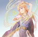  1girl bangs blonde_hair blue_eyes blush circlet dress earrings gown highres jewelry long_hair necklace pointy_ears princess_zelda shuri_(84k) simple_background smile solo super_smash_bros. the_legend_of_zelda the_legend_of_zelda:_a_link_between_worlds tiara triforce 