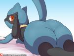  2019 all_fours ambiguous_gender anthro black_fur blue_fur blush butt butt_focus canid canine fur hi_res looking_at_viewer looking_back mammal nintendo nude pok&eacute;mon pok&eacute;mon_(species) raised_tail rear_view red_eyes riolu solo video_games winick-lim 