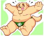  2019 anthro belly blush canid canine canis clothing cu_sith_(tas) cute_fangs domestic_dog green_eyes hi_res humanoid_hands kusosensei male mammal moobs navel nipples overweight overweight_male solo tokyo_afterschool_summoners underwear video_games 