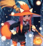  1girl artist_name black_bow black_skirt blush bow broom brown_eyes dav-19 deviantart_username fox_tail freckles halloween hat holding holding_broom long_hair long_sleeves mouth_hold multicolored multicolored_clothes multicolored_hat orange_hair orange_headwear orange_legwear original pantyhose parted_lips patricia_(dav-19) skirt smile solo striped striped_legwear tail tumblr_username vertical-striped_legwear vertical_stripes watermark web_address white_headwear witch_hat 