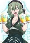  1girl :d adapted_costume alcohol apron bandana bangs beer beer_mug benizuwai blue_background blush bow breasts cleavage clothes_writing collarbone commentary_request cup drinking_glass eyebrows_visible_through_hair green_apron green_eyes green_hair green_kimono grey_bow hair_between_eyes hands_up head_scarf highres holding holding_cup japanese_clothes kimono looking_at_viewer looking_down medium_breasts open_mouth sash sleeves_rolled_up smile soga_no_tojiko solo sweat tasuki touhou upper_body v-shaped_eyebrows waist_apron 