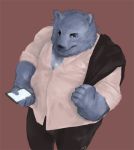  2016 anthro clothing humanoid_hands m7 male mammal overweight overweight_male pants phone shirt simple_background solo topwear ursid 