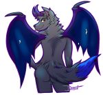  2019 anthro balls butt canid canine canis darkghost demon digital_media_(artwork) fur hi_res horn looking_at_viewer male mammal nude pinup pose red_eyes simple_background smile solo thick_thighs tongue tongue_out wide_hips wings wolf 