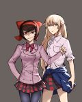  2girls absurdres blonde_hair blue_eyes brown_hair clothes_around_waist girls_und_panzer girls_und_panzer_ribbon_no_musha grey_background hair_ribbon hand_on_hip highres jacket_around_waist long_hair matsukaze_rin mole mole_under_eye multiple_girls okutorinno pantyhose plaid plaid_skirt red_eyes red_ribbon ribbon school_uniform shirt short_hair skirt tsuruki_shizuka white_shirt 