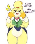  2019 animal_crossing anthro big_breasts bottomless bottomwear breasts canid canine canis clothed clothing clothing_lift domestic_dog english_text female fur hair hi_res isabelle_(animal_crossing) lightningfire12 mammal nintendo open_mouth pussy shih_tzu simple_background skirt skirt_lift solo tailwag text toy_dog video_games yellow_fur 