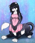  2018 abluedeer black_fur black_hair blue_eyes breasts chakat clothing dress felid felid_taur female fur green_eyes hair heterochromia hi_res mammal pink_nose tail_tuft taur tuft 