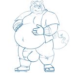  2019 anthro balls belly big_balls canid canine clothed clothing fatdoodlewuff flaccid footwear gyobu hi_res humanoid_hands humanoid_penis male mammal moobs navel nipples open_shirt overweight overweight_male penis raccoon_dog sandals scar shirt solo tanuki tokyo_afterschool_summoners topwear video_games 