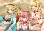  3girls absurdres ahoge animal_ear_fluff animal_ears bead_bracelet beads bikini black_bikini blonde_hair blue_bikini blue_jacket bracelet braid breasts cleavage commentary commentary_request criss-cross_halter eyebrows_visible_through_hair fate/grand_order fate_(series) fox_ears fox_girl fox_tail french_braid front-tie_bikini front-tie_top green_eyes hair_bun hair_intakes halter_top halterneck highres hood hooded_jacket jacket jeanne_d&#039;arc_(fate)_(all) jeanne_d&#039;arc_(swimsuit_archer) jewelry kamehito large_breasts long_braid looking_at_viewer lying multiple_girls navel_cutout nero_claudius_(fate) nero_claudius_(fate)_(all) nero_claudius_(swimsuit_caster)_(fate) ocean on_stomach open_clothes open_jacket open_mouth pink_hair red_bikini shrug_(clothing) side-tie_bikini single_braid striped striped_bikini swimsuit tail tamamo_(fate)_(all) tamamo_no_mae_(swimsuit_lancer)_(fate) twintails yellow_eyes 