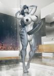  2018 anthro aolun_(character) balls big_breasts big_penis black_hair black_nipples black_penis breasts bubble claws crescent_moon dickgirl erection fangs felid hair hi_res huge_penis humanoid_penis hyper hyper_penis intersex looking_at_viewer machairodontine mammal moon night nipples pantherine penis pinup pose punisa shower showering solo stripes tiger white_balls yellow_eyes 