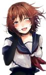  1girl blush bodysuit brown_hair furutaka_(kantai_collection) glowing glowing_eye hair_ornament hairclip kantai_collection sailor_collar short_hair smile upper_body white_background yellow_eyes 