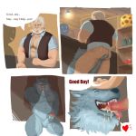  &lt;3 1:1 2018 anal anal_fingering anthro balls behind_the_counter canid canine canis clothing comic cum cum_on_face domestic_dog english_text erection eyes_closed eyewear fingering glasses hi_res human human_on_anthro humanoid_hands humanoid_penis implied_fingering interspecies m7 male male/male mammal oral penis sex shirt sweat text topwear under_table 
