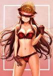  1girl absurdres bangs bare_shoulders black_gloves black_hair blush bow bow_bra bow_panties bra breasts cleavage collarbone cowboy_shot family_crest fate/grand_order fate_(series) gloves gradient gradient_background hair_between_eyes hair_over_one_eye hand_up hat head_tilt highres lingerie long_hair looking_at_viewer mashu_003 medium_breasts navel oda_nobunaga_(fate) panties panty_pull panty_tug parted_lips peaked_cap red_bra red_eyes red_panties scan sidelocks signature simple_background smile solo stomach swept_bangs thighs underwear underwear_only very_long_hair 