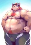  absurd_res anthro belly body_hair bulge chernobog chest_hair eyewear facial_hair fur goggles hachirouta hairy happy_trail hi_res horn male monster mustache navel nipples pecs pink_fur tokyo_afterschool_summoners video_games wetsuit 