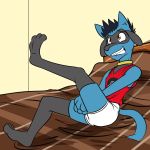  1:1 anthro anthrofied bed clothed clothing covering covering_crotch fuze hi_res male nervous nintendo on_bed pok&eacute;mon pok&eacute;mon_(species) riolu shirt solo tank_top topwear underwear video_games 