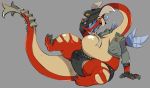  2019 anthro bulge clothing dragon flookz hat headgear headwear male nintendo overweight red_scales scales scalie simple_background sitting the_legend_of_zelda underwear valoo video_games wind_waker 