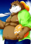  2019 anthro belly brown_fur clothed clothing eyewear fur glasses hat headgear headwear hi_res humanoid_hands male mammal moobs navel nipples open_shirt outside overweight overweight_male shintatokoro shirt solo straw_hat swimwear tokyo_afterschool_summoners topwear ursid video_games volos 