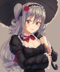  1girl bangs black_dress black_umbrella breasts cleavage closed_mouth dress drill_hair flower gothic_lolita hair_between_eyes holding holding_umbrella idolmaster idolmaster_cinderella_girls juliet_sleeves kanzaki_ranko lolita_fashion long_sleeves medium_breasts moppo neck_ribbon over_shoulder puffy_sleeves red_eyes red_flower red_ribbon red_rose ribbon rose silver_hair sleeves_past_wrists smile solo two_side_up umbrella wide_sleeves 