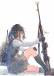  1girl backpack bag black_hair black_legwear bug daito dragonfly dragunov_svd gloves green_gloves gun hair_ornament hairclip headset highres holding holding_gun holding_weapon insect kneehighs loafers long_hair original pleated_skirt ponytail pouch rifle school_uniform shoes sitting skirt smile sniper_rifle solo walkie-talkie weapon 