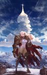  1girl armor blonde_hair blue_eyes bodysuit breasts cloud cloudy_sky commentary eyepatch highres instant_ip long_hair medium_breasts mountain parted_lips sky solo thick_thighs thighs very_long_hair 