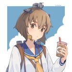  1girl bangs blush brown_eyes brown_hair bubble_tea closed_mouth commentary_request cup dress drink headgear holding holding_cup kantai_collection long_sleeves neckerchief rigging sailor_collar sailor_dress short_hair signature solo speaking_tube_headset ueno_(sakumogu-029) upper_body yellow_neckwear yukikaze_(kantai_collection) 