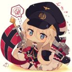  1girl azur_lane bangs beige_background bismarck_(azur_lane) black_dress black_footwear black_headwear black_jacket black_legwear blue_eyes blush boots chibi closed_mouth commentary_request dress eyebrows_visible_through_hair flag flat_cap full_body fur-trimmed_boots fur_trim hair_between_eyes hat highres holding jacket light_brown_hair long_hair long_sleeves looking_at_viewer machinery muuran simple_background sleeves_past_fingers sleeves_past_wrists solo spoken_squiggle squiggle sweatdrop thigh_boots thighhighs translation_request very_long_hair 