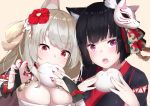  2girls absurdres animal_ear_fluff animal_ears azur_lane bangs baozi black_hair blunt_bangs breasts bridal_gauntlets budget_sarashi cat_ears claw_pose cleavage commentary_request cotton_kanzaki dog_ears eating flower food food_in_mouth food_on_face fox_mask grey_hair hair_flower hair_ornament highres holding holding_food large_breasts long_hair looking_at_viewer mask mask_on_head multiple_girls nail_polish purple_eyes red_eyes red_nails sarashi short_hair sidelocks tassel thick_eyebrows yamashiro_(azur_lane) yuudachi_(azur_lane) 
