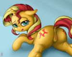  2019 animal_genitalia animal_pussy anus butt celsian clitoral_winking clitoris equestria_girls equid equine_pussy female feral hair hi_res horn looking_at_viewer looking_back lying mammal multicolored_hair my_little_pony on_front pussy smile solo spread_legs spreading sunset_shimmer_(eg) two_tone_hair unicorn 