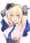  1girl areolae armpits arms_up blonde_hair blue_eyes blush bob_cut braid breasts cai_geng capelet colorado_(kantai_collection) commentary_request covered_nipples elbow_gloves eyebrows_visible_through_hair french_braid gloves hat kantai_collection large_breasts mini_hat necktie open_mouth see-through shirt short_hair side_braid sideboob simple_background sleeveless sleeveless_shirt solo underbust upper_body white_background 
