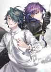  2boys black_coat black_gloves blue_hair floating_hair gloves grey_hair hair_between_eyes hair_over_one_eye holding holding_sword holding_weapon k_(anime) katana layered_skirt long_sleeves looking_at_viewer mishakuji_yukari multicolored_hair multiple_boys noes purple_eyes purple_hair shiny shiny_hair shirt skirt smile sword two-tone_hair weapon white_shirt white_skirt 