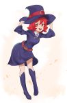  1girl absurdres boots cape hat highres little_witch_academia long_hair looking_at_viewer misaka_03 open_mouth red_eyes red_hair shiny_chariot simple_background skirt smile solo white_background witch witch_hat 