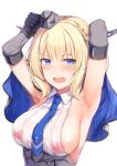  1girl areolae armpits arms_up blonde_hair blue_eyes blush bob_cut braid breasts cai_geng capelet colorado_(kantai_collection) commentary_request covered_nipples elbow_gloves eyebrows_visible_through_hair french_braid gloves hat kantai_collection large_breasts mini_hat necktie nipples open_mouth see-through shirt short_hair side_braid sideboob simple_background sleeveless sleeveless_shirt solo sweat underbust upper_body white_background 