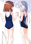  2girls ass blue_eyes blue_swimsuit brown_hair closed_eyes commentary_request dx_(dekusu) flat_ass from_behind hibiki_(kantai_collection) highres holding_hands ikazuchi_(kantai_collection) kantai_collection long_hair multiple_girls open_mouth pool_ladder school_swimsuit short_hair silver_hair standing swimsuit white_background 