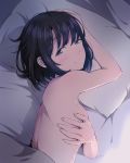  1girl arm_above_head asou_(asabu202) black_eyes black_hair blush covering covering_one_breast from_above highres katou_megumi looking_at_viewer lying messy_hair nude on_side pillow saenai_heroine_no_sodatekata short_hair shoulder_blades smile solo under_covers 