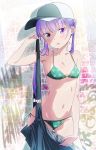 1girl ass_visible_through_thighs bangs bare_shoulders bikini blush breasts collarbone cowboy_shot eyebrows_visible_through_hair hat highres lavender_hair long_hair looking_at_viewer navel new_game! open_mouth overalls pink_x purple_eyes side-tie_bikini small_breasts solo suzukaze_aoba swimsuit thigh_gap twintails undressing 