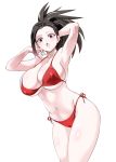  1girl armpits arms_up bare_shoulders bikini black_eyes black_hair boku_no_hero_academia breasts cleavage collarbone high_ponytail highres huge_breasts long_hair looking_at_viewer navel open_mouth ponytail red red_bikini red_bikini_bottom red_bikini_top shiny shiny_skin side-tie_bikini solo sukeno_yoshiaki swimsuit yaoyorozu_momo 