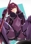  1girl absurdres blush bodysuit breasts cameltoe closed_mouth covered_navel covered_nipples fate/grand_order fate_(series) frown gae_bolg hair_intakes haruhisky highres holding holding_weapon huge_filesize large_breasts long_hair looking_at_viewer paid_reward patreon_reward polearm purple_bodysuit purple_hair red_eyes scathach_(fate)_(all) scathach_(fate/grand_order) shiny shiny_clothes shiny_hair shoulder_armor solo spear squatting very_long_hair weapon 