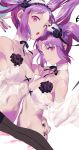  2girls bangs bare_shoulders black_nails blush breasts bridal_gauntlets choker collarbone euryale eyebrows_visible_through_hair fate/grand_order fate/hollow_ataraxia fate_(series) floating_hair groin hair_between_eyes hairband lingerie lolita_hairband long_hair looking_at_viewer multiple_girls nail_polish navel open_mouth purple_eyes purple_hair salmon88 siblings sidelocks simple_background sisters small_breasts smile stheno stomach twintails underwear very_long_hair white_background 
