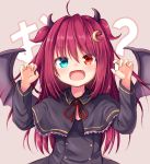  1girl :d ahoge background_text bangs baram black_capelet black_dress blue_eyes blush brown_background capelet claw_pose commentary_request crescent crescent_hair_ornament demon_girl demon_horns demon_wings dress eyebrows_visible_through_hair fang frilled_capelet frills hair_between_eyes hair_ornament hands_up heterochromia horns long_hair neck_ribbon nijisanji open_mouth red_eyes red_hair red_ribbon ribbon smile solo two_side_up upper_body very_long_hair virtual_youtuber wings yuzuki_roa 