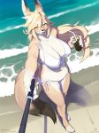  anthro beach beverage big_breasts bikini blonde_hair blush breasts canid canine claws cleavage clothed clothing countershading dipstick_tail fangs female fox fur hair hi_res huge_breasts kame_3 kemono long_hair mammal multicolored_tail outside seaside selfie selfie_stick slit_pupils solo swimwear tan_fur water yellow_eyes 